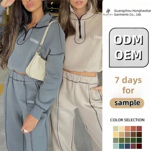 ODM OEM Custom Logo Half Zip Tracksuits Sweatsuit Set High Quality Cotton Cropped Tracksuit for Women
