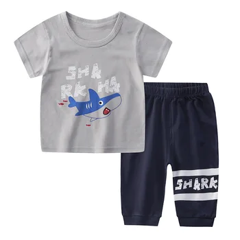 New children's short-sleeved suit cartoon printed infant Neutral baby short sleeve middle pants casual two-piece suit