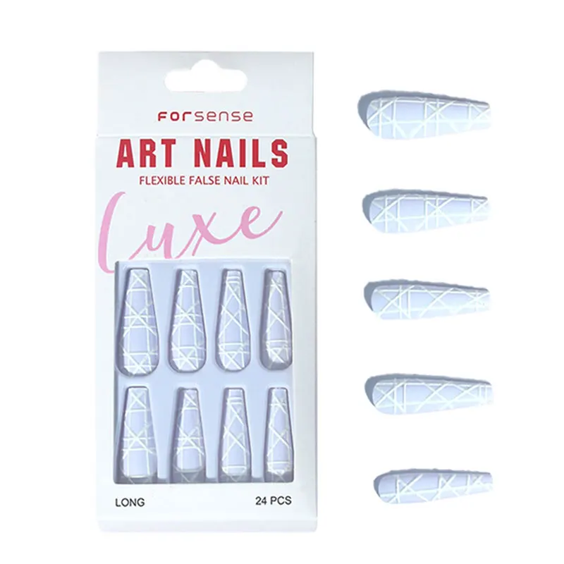 Easy Winter Classy Matte Press on Nail Design Holiday Simple White 3d Line Nail Tips Wedding Bride Elegant Long Coffin Fake Nail