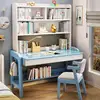 Escritorio y silla de madera maciza azul y blanca.