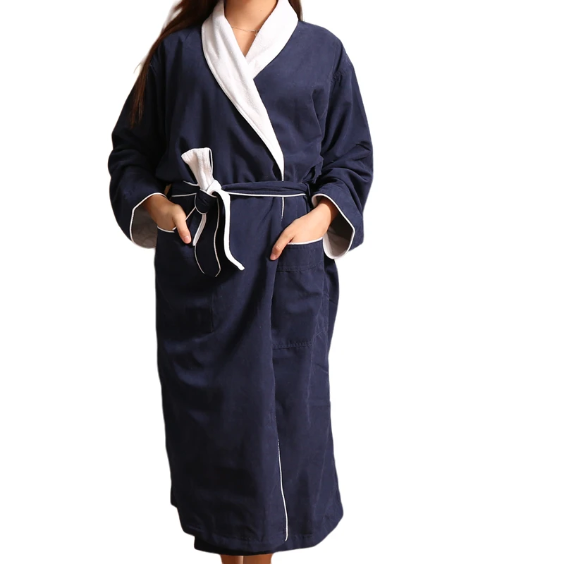 Wholesale Hotel Spa Robe Luxury Dark Blue Terry Lined Microfiber Shawl Collar 100% Cotton Bathrobe Women Men Sleepwear Adults