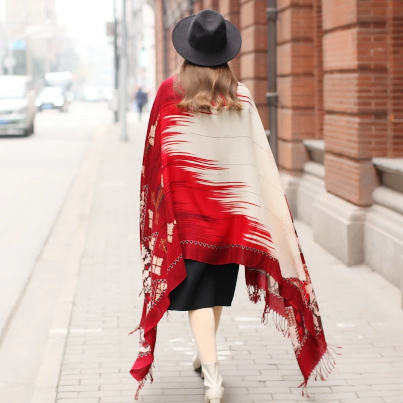 Red Geometric Design Merino Wool Extra Large Scarf Shawl Wrap for Women Winter Oversized Floral Blanket