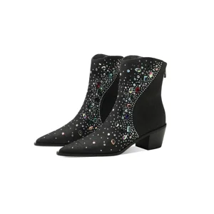Women's Black Rhinestone Ankle Boots Pointed Toe Low Block Heel Shoes Fashionable Denim Upper for Summer Autumn Western Glam