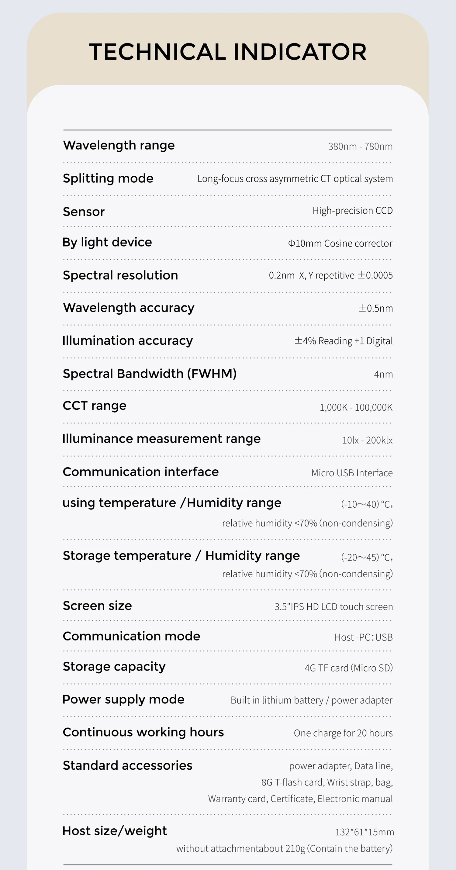 HPCS320D Top Sensor Spectrometer for Lighting Test CCT CRI Meter