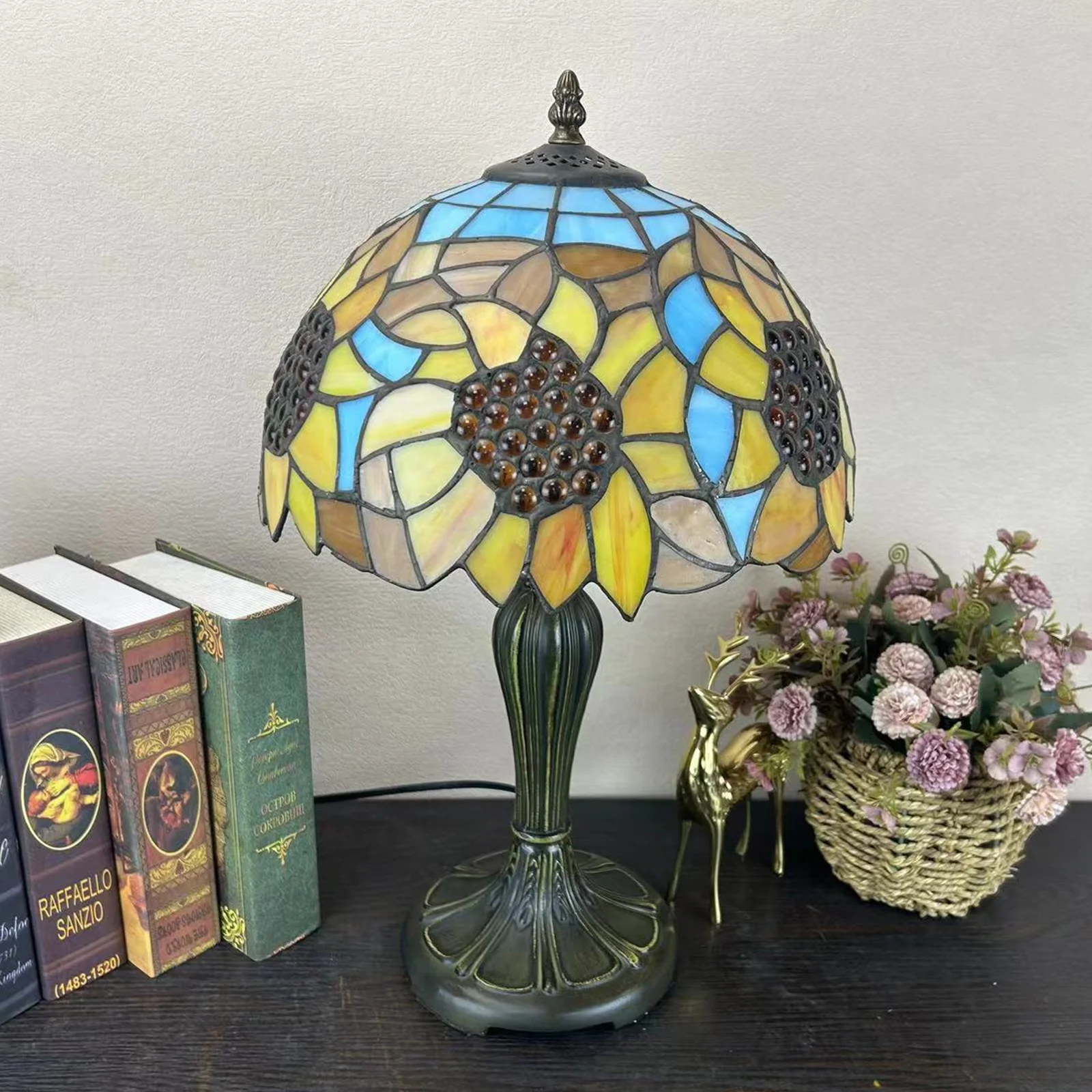 LongHuiJing Tiffany 12Inch Colored Glass Table Lamp Sunflower Living Room Mediterranean Retro Baroque Style Table Lamp