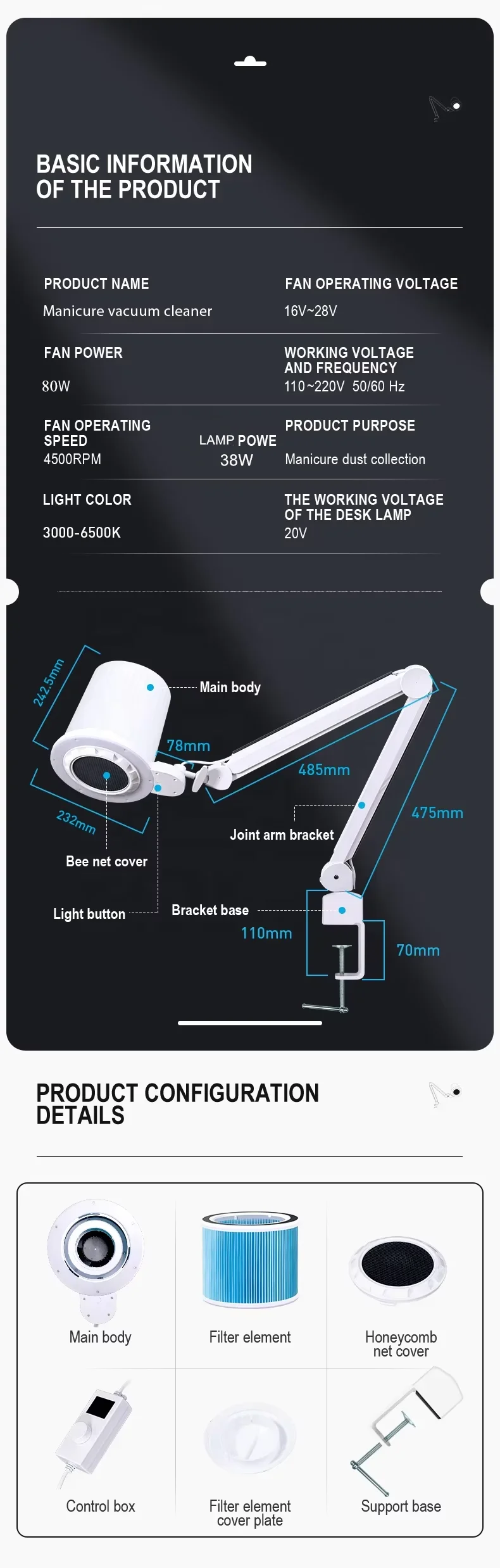 product heavy duty rolling floor stand nail dust collector vacuum pedicure dust extractor vacuum cleaner with light for podiatry feet-2