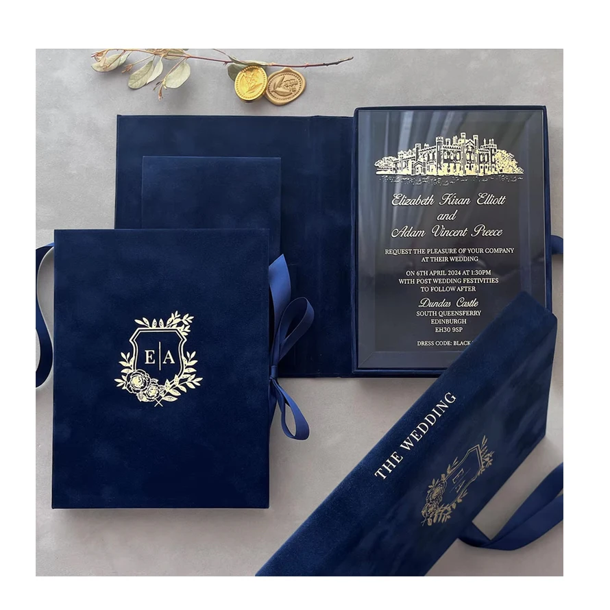 Navy Blue Velvet Wedding Invitation Card with Velvet Box Custom Luxury  Acrylic Wedding Invitations and Velvet Box, image size:890x890