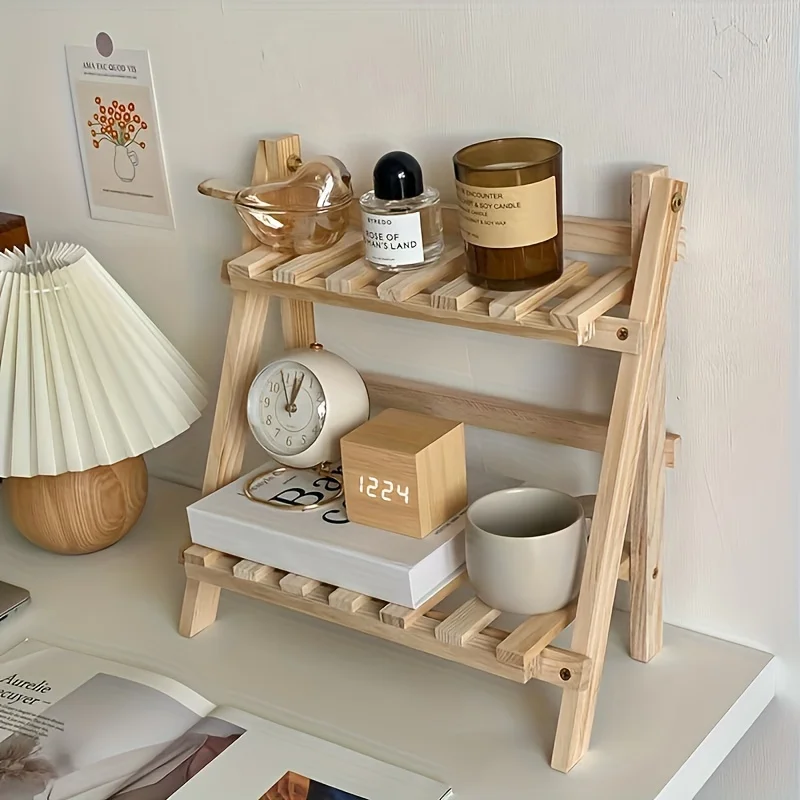 A Two-Layer Desktop Wooden Storage Organization Shelf Trapezoidal Desktop Display Shelf