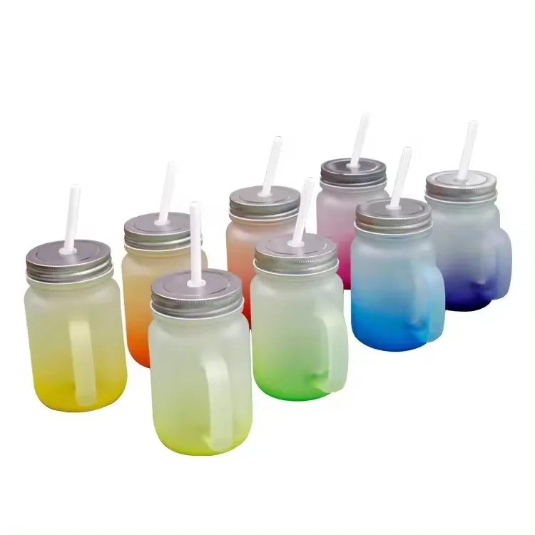 14OZ Gradient Colored Mason Jars for Sublimation Handle Lids with Straw Subcategory Mugs
