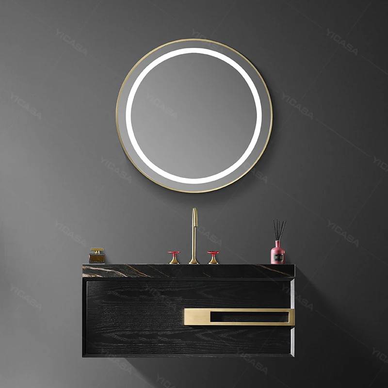 Роскошная тарелка из спеченного камня раковина для ванной комнаты латунная ручка твердый деревянный настенный шкаф со светодиодным зеркалом