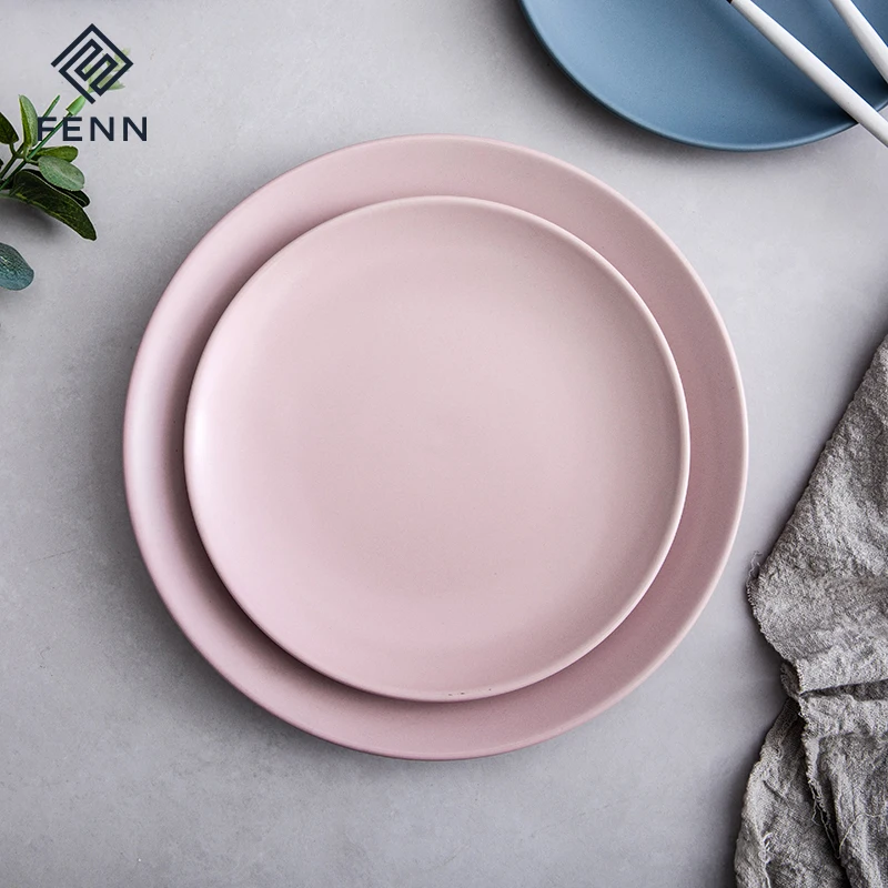 FENN Modern Matte Ceramic Plates Pink Blue Nordic Round Flat Charger Dessert Dinner Plate Sets For Wedding Dining