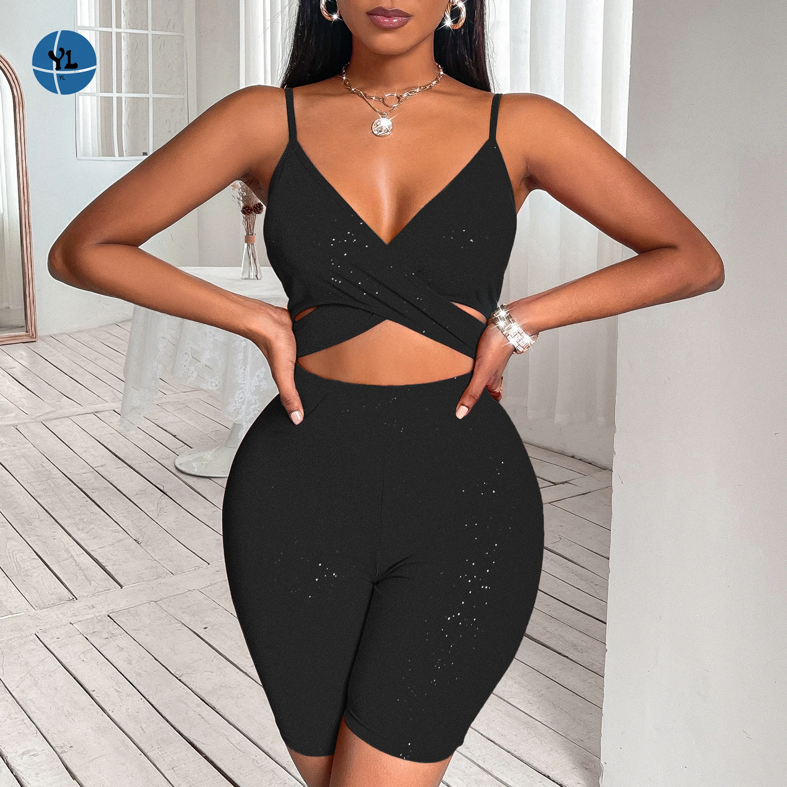 Women Fashionable Suspenders Jumpsuit Spring and Summer New Sports Yoga One-piece Shorts Bodycon