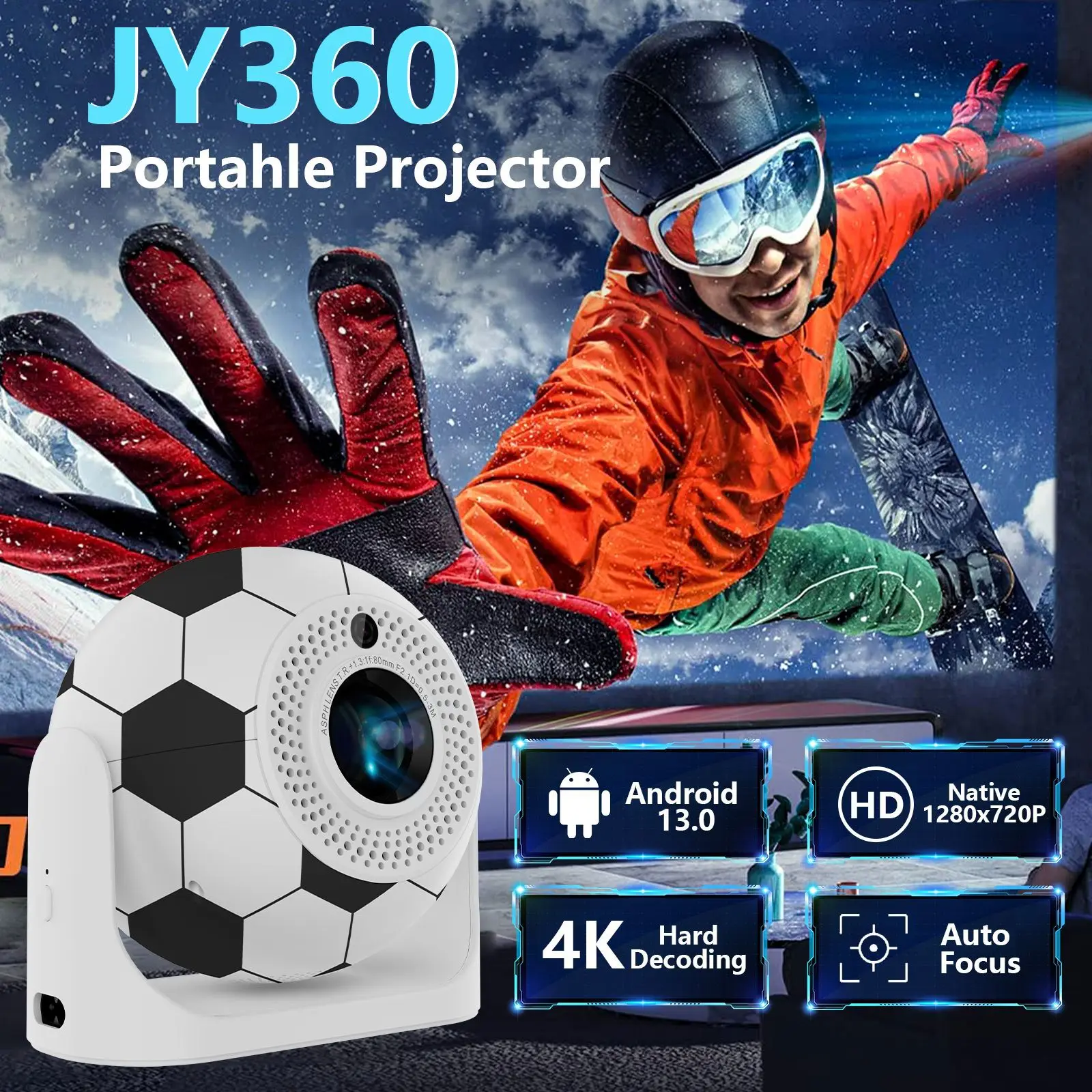 JY360 Mini Ball Smart Projector Auto Focus 4/5G Wifi 1+8GB Android 13 Multimedia Portable Home Pocket Projector for World Cup