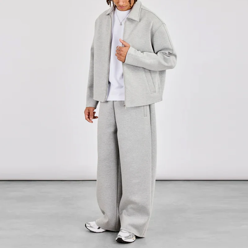 Hoodie dan Seluar, Sut Latihan Kapas Berbulu Tebal Disesuaikan, Seluar Sweatpants Melebar dan Hoodie Dipendekkan untuk Lelaki