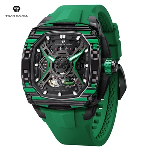 For TSAR BOMBA Automatic Square Carbon Fiber Mechanical Wristwatch for Men Waterproof Water-Resistant Miyota Movement Rubber