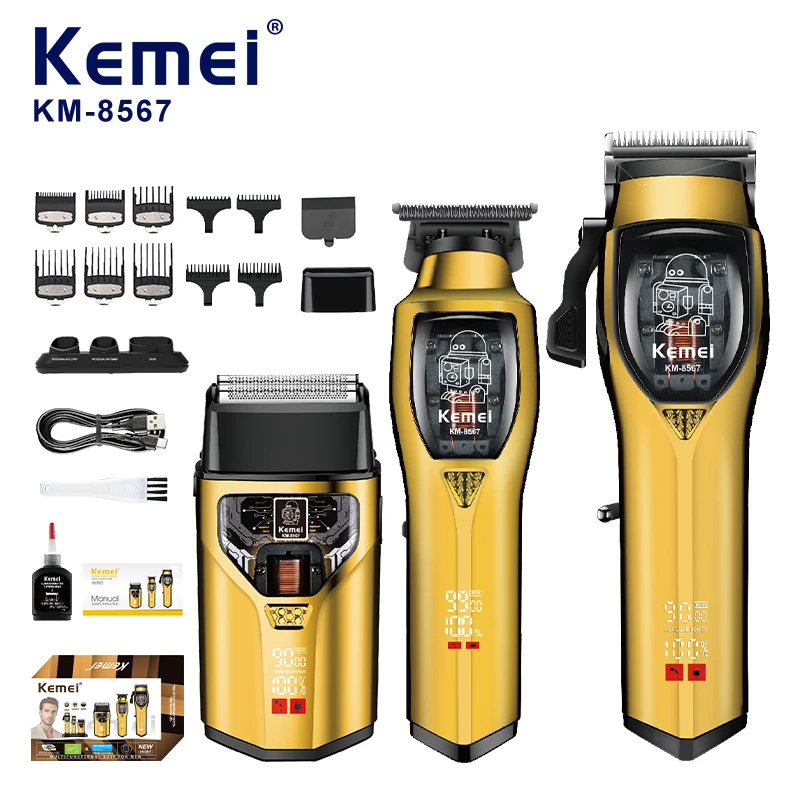 Tondeuse à cheveux professionnelle sans fil Kemei KM-8567, vitesse élevée (9000 tr/min), réglable, lame DLC, kit 3-en-1 pour barbe masculine, station de charge