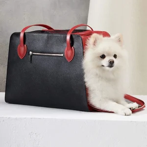 Custom Logo Black Saffiano Leather Fashion Outdoor Pet Dog Cat Carrier Tote Bag Purse