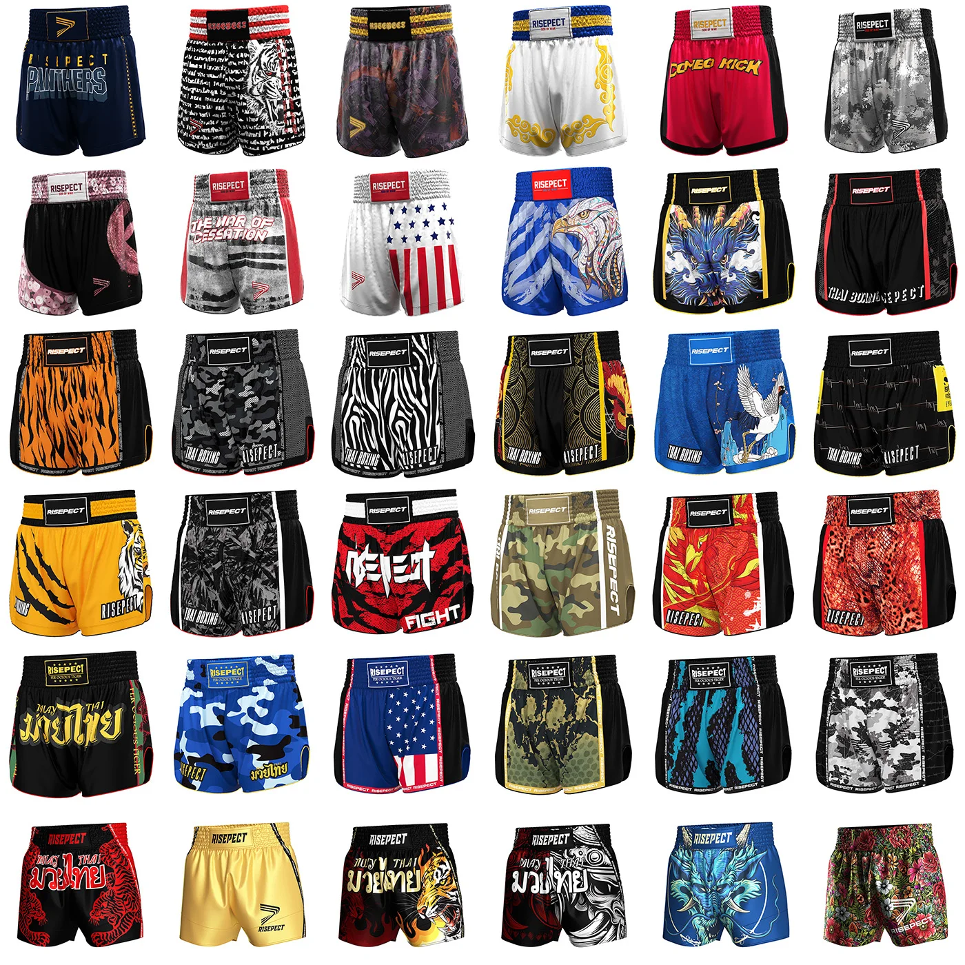 RISE Unisex White Silk Smooth Muay Thai Shorts Tiger Print Authentic Thai Boxing Training MMA Martial Arts Wear Customizable OEM