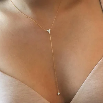 simple Y lariat necklace for women 925 sterling silver matel minimal Triangle cz charm Long sexy summer necklaces collar