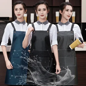 Custom Printed Logo Thin Sleeveless Leather Apron Waterproof Oilproof Catering Kitchen Work Clothes for Restaurants Bar Uniforms