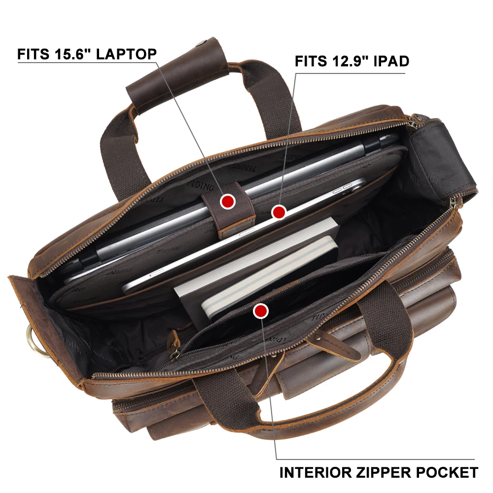 Tiding Custom logo Brown Portable Large Cow Leather Laptop Messenger Briefcase Bag for Men