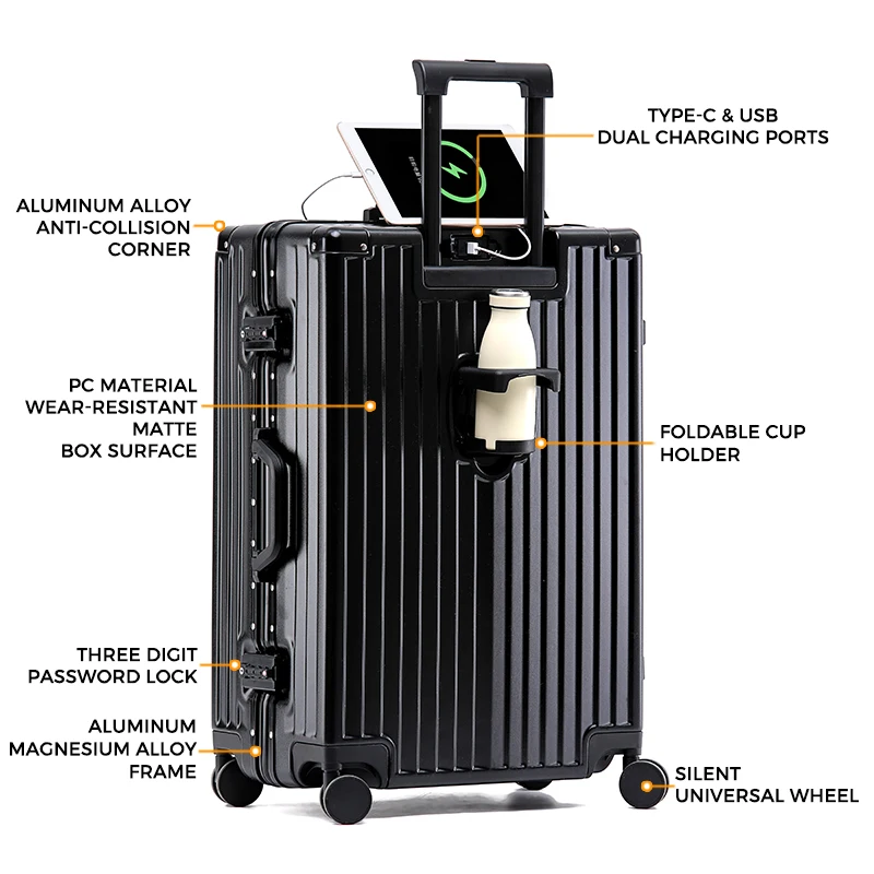 29 Inch Multifunctional PC Trolley Universal Wheel Spinner USB Charging Port Aluminum Frame New Cup Holder Cartoon Hard Case