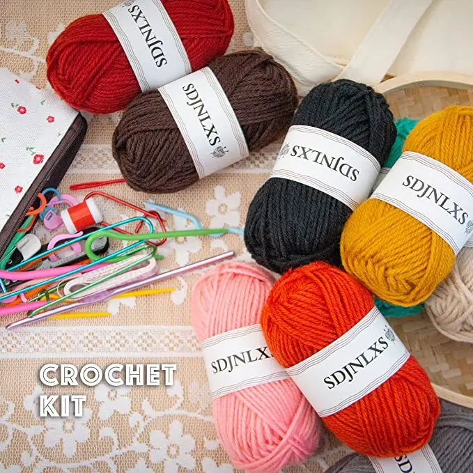Kit Crochet Débutant Katech - 15 Pelotes Laine, Crochets 2-6.5mm, Livre Français, Sac Rose