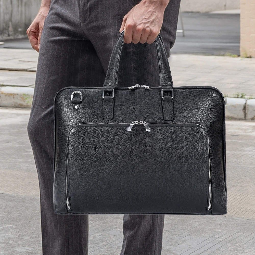 Full Grain Leather Cow Hide 15.6 Inches Case Messenger Business Bag Real Black Pebble Leather Computer Laptop Briefcases