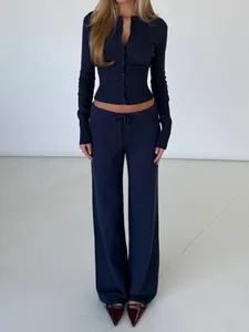 Cross-border Casual Bow Knitted Viscose Polyester Lace-up Shirt Sweater Suit European American Winter New Fashion Lazy Sexy