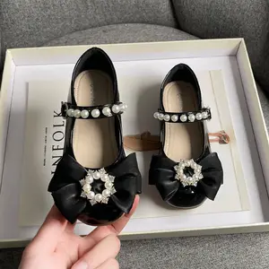 Spring Autumn Anti Slip Rubber Black Princesses Shoe Charms Bow Pearl Kids Shoes Girls for Wedding Dress Shoes