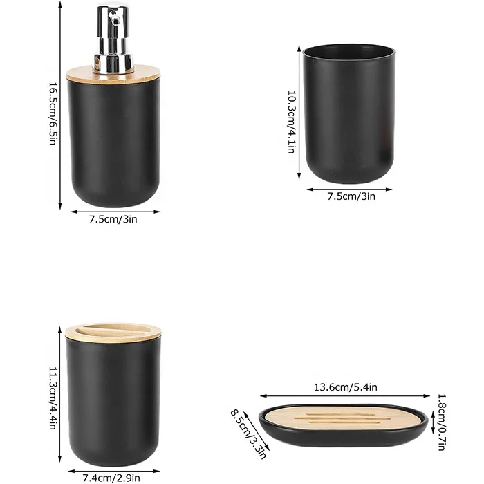 4Pcs Bathroom Accessory Set Bamboo Waterproof Gift Set Plastic Toothbrush Cup Lotion Dispenser Soap Box Tooth Mug Modern Style