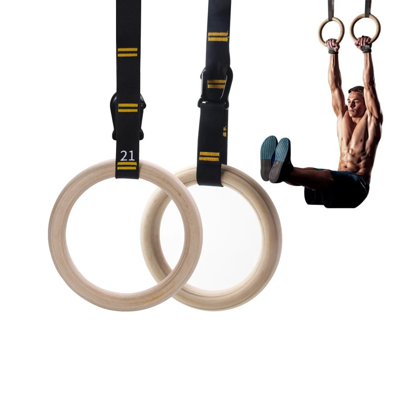 Adjustable Durable Numbered Strap Double Circle Wood Gym Gymnastics Rings for product detail 1