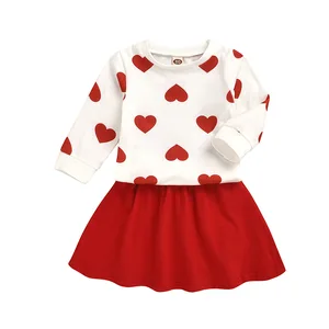 Valentine's Day High Quality Long Sleeve Tshirt and Skirt Suit for Girl Red Cotton Two Piece Kids Clothing Set
