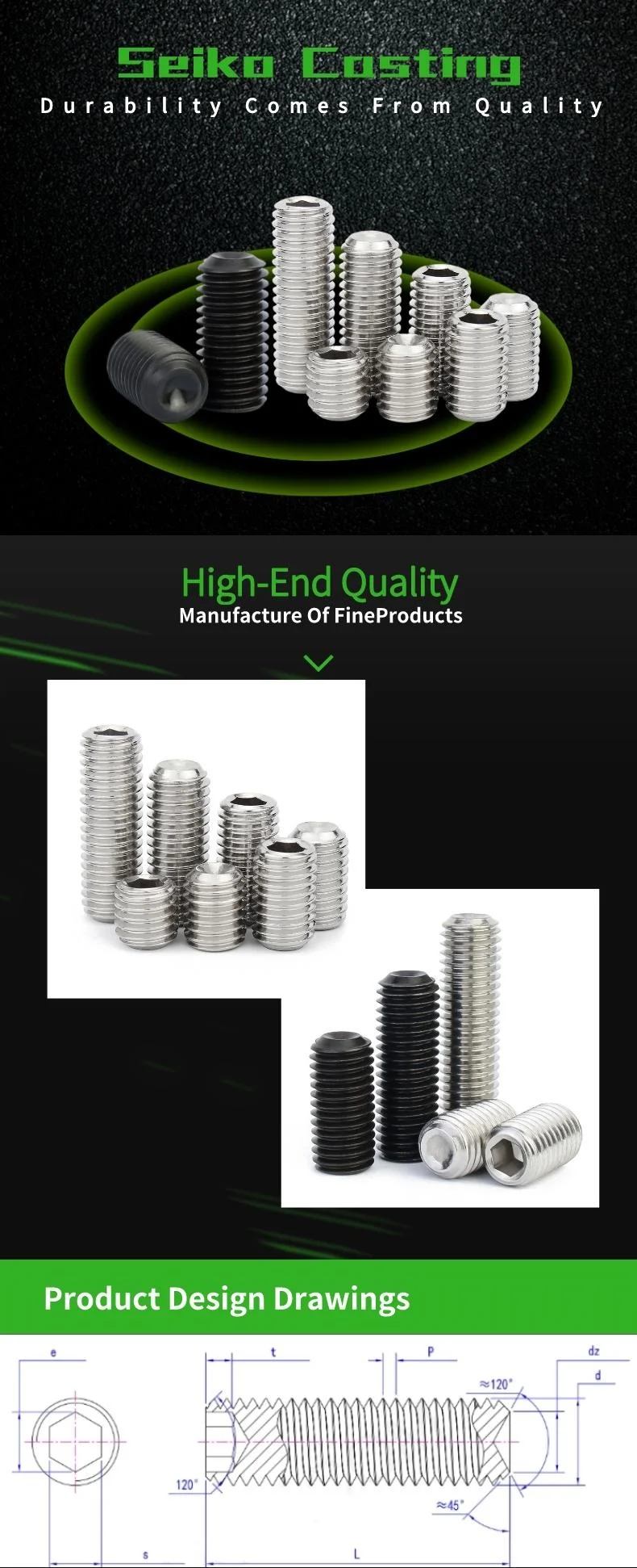 304 Stainless Steel Concave End Set Screw Machine With Rice Top Thread Headless Screw Din916