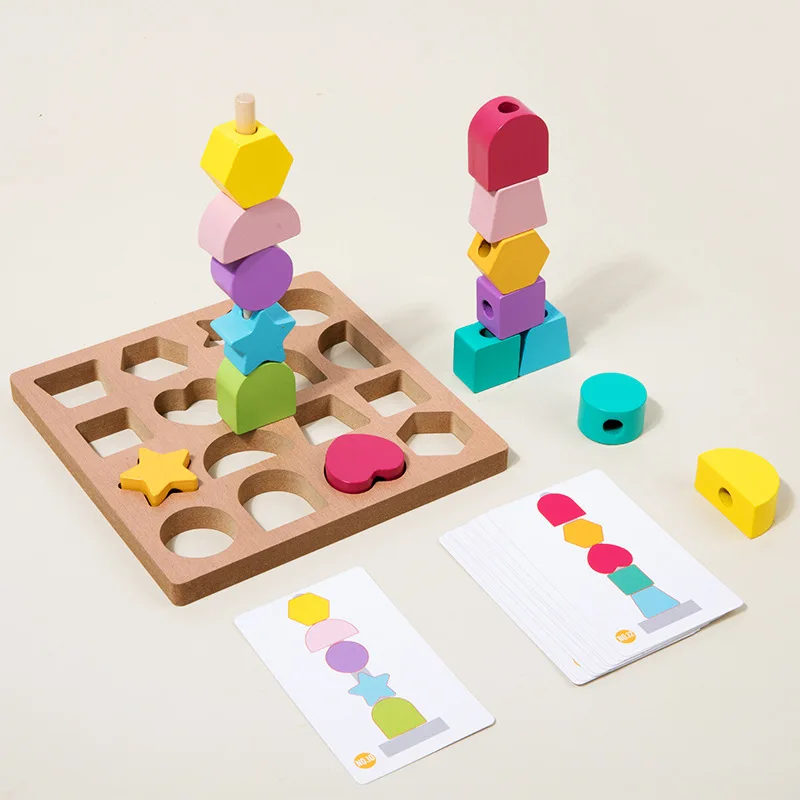 CPC CE 3 in 1 Montessori Geometry Shape Sorting Game Educational Shape Matching Board Column Toy Wooden Threading Toys for Kids