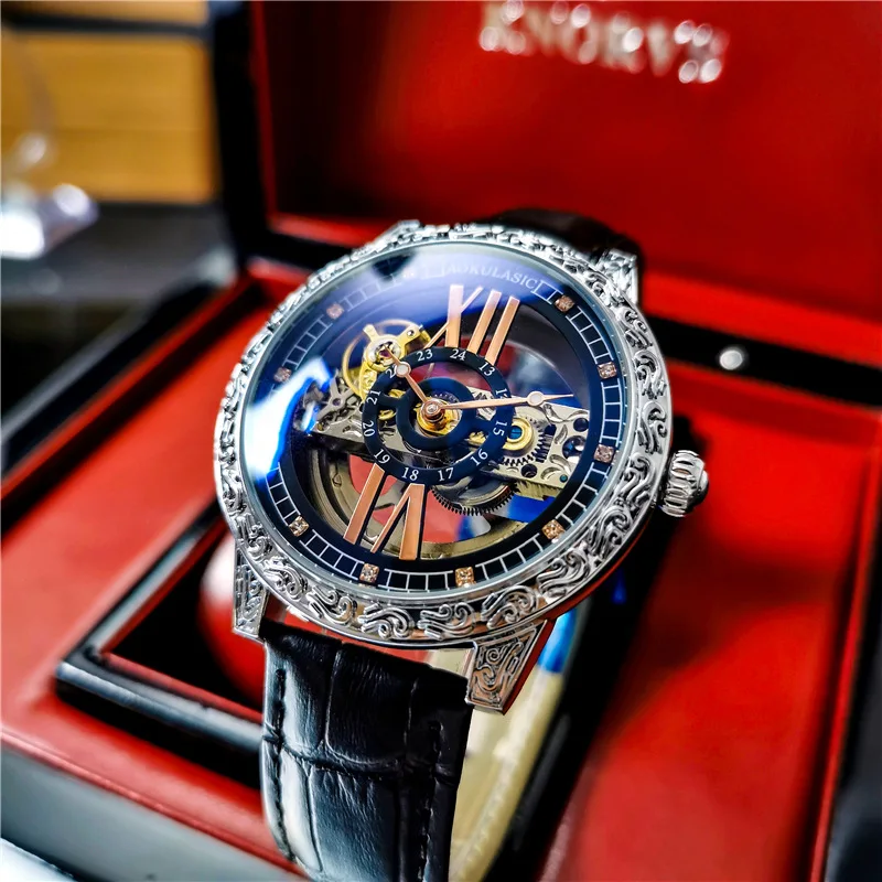 Large Number 360 Skeleton Dial and Case Back Full Black Vogue Engraved Flower Case Transparent Automatic Watch Mens