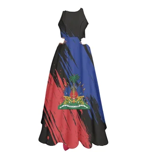Customize Drop Shipping Haitian Design Strapless Sweet Long Dress Women Sleeveless Elegant Custom Country Flag Pattern Haitian