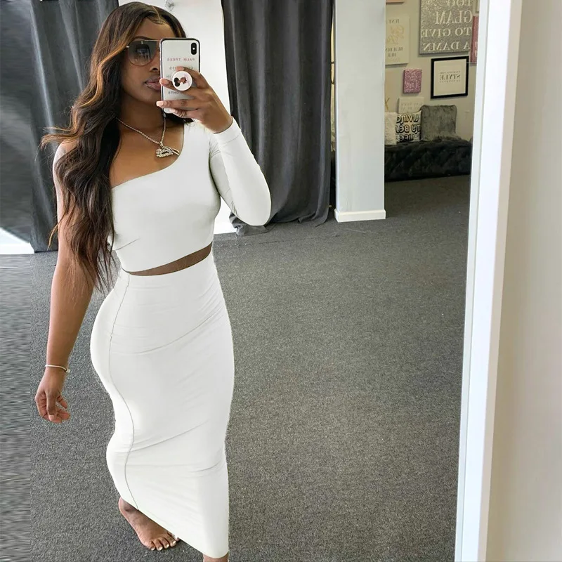 New Style Good Quality Solid Color Crop Top Bodycon 2 Piece Skirt