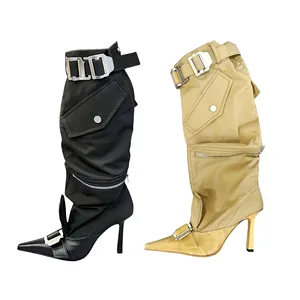 2023 Autumn Winter European American Large Size Women's Knee-High Boots High Heel Pointed with Belt Buckle Cross-Border