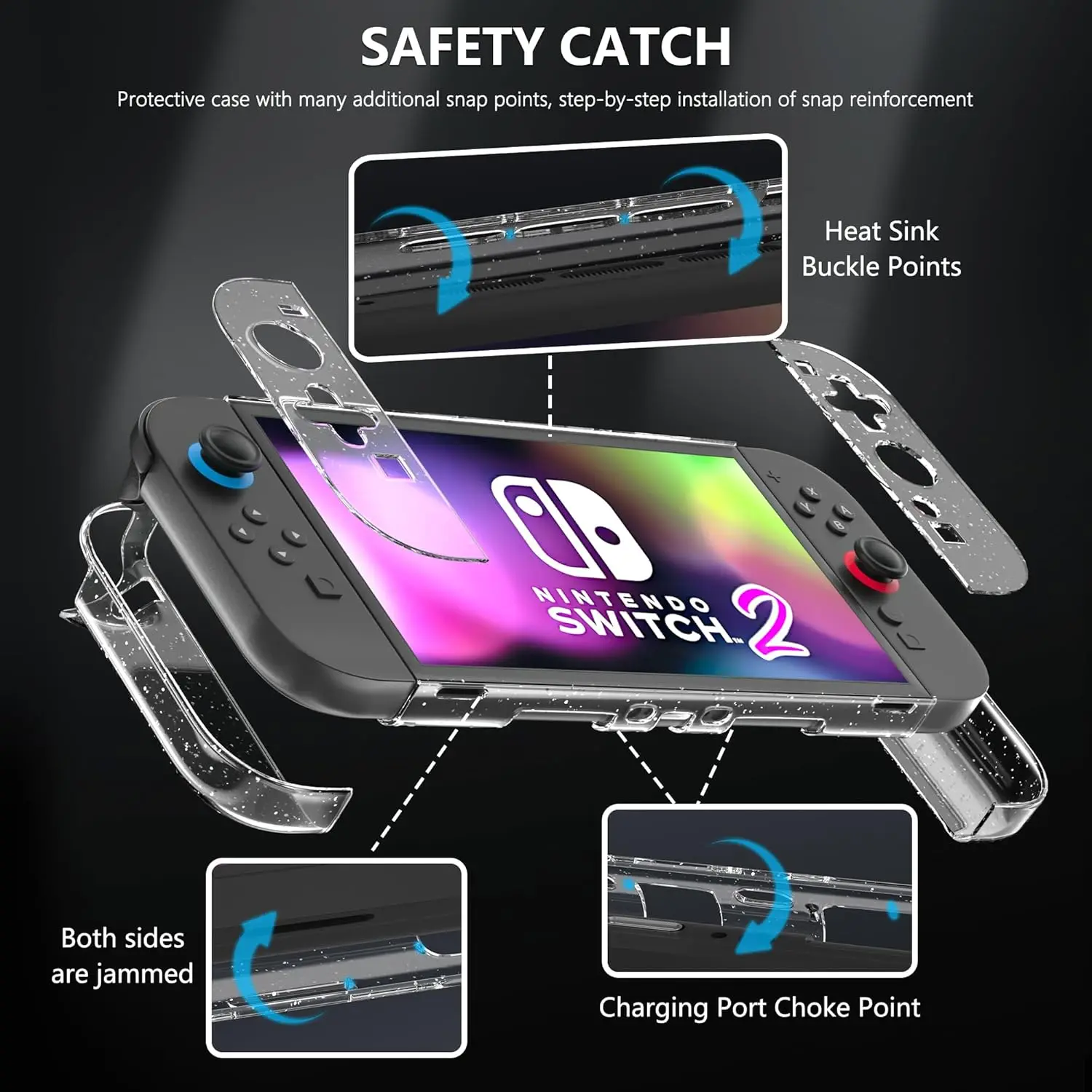 product clear glitter case for nintendo switch 2 2025 protective cover with screen protector 4 thumb grip caps strong and durable-6
