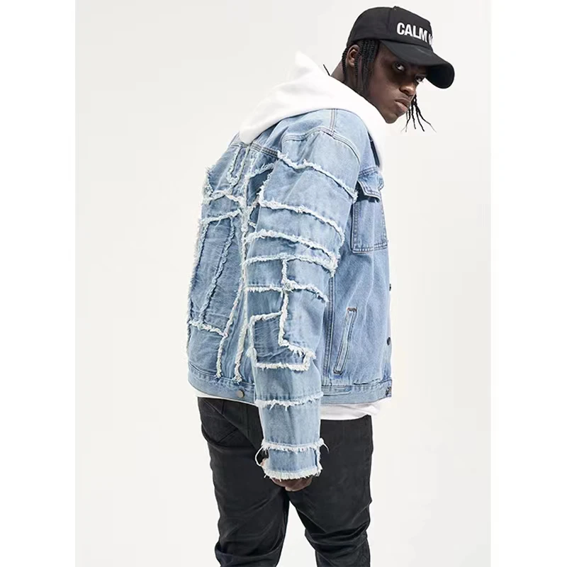 DiZNEW Denim Jeans Jacket 2022 New Fringe Stitching Men's Washed Denim Jacket Fashion Casual Jacket manufacture