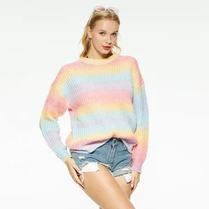 Custom Women's High Collar Breathable Knit Top Spring Striped Long Sleeve Rainbow Pullover Sweater Casual Style