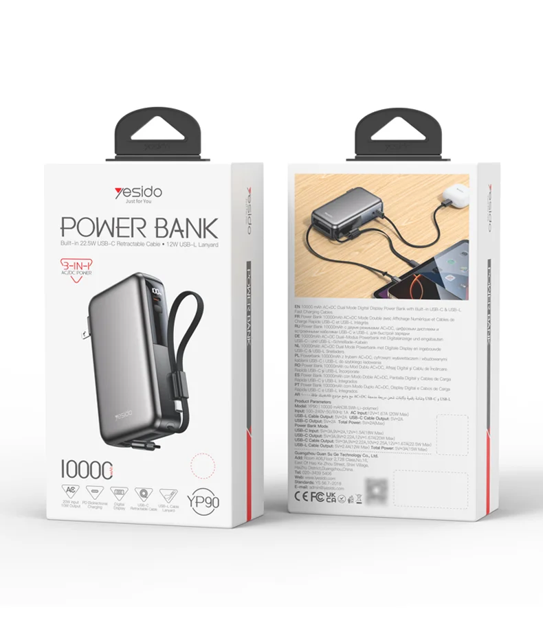 Yesido 10000mAh 22.5W Fast Charging AC+DC Retractable Cable Digital Display Screen Power Bank With AC Charger YP90