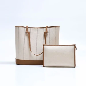 extra Large Canvas Leather Lady Fashion Tote Bag 100% Cotton Canvas Lady Real Leather Bag