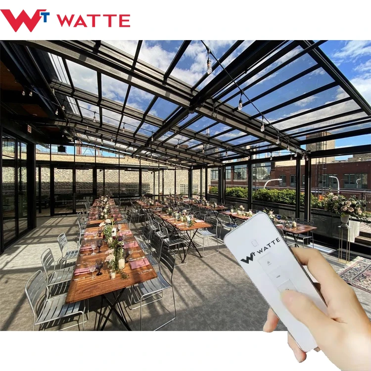 Outdoor Smart Retractable Glass Roof for House Villa Restaurant Remote Control Sliding Aluminium Double Glazed Roofing Shade