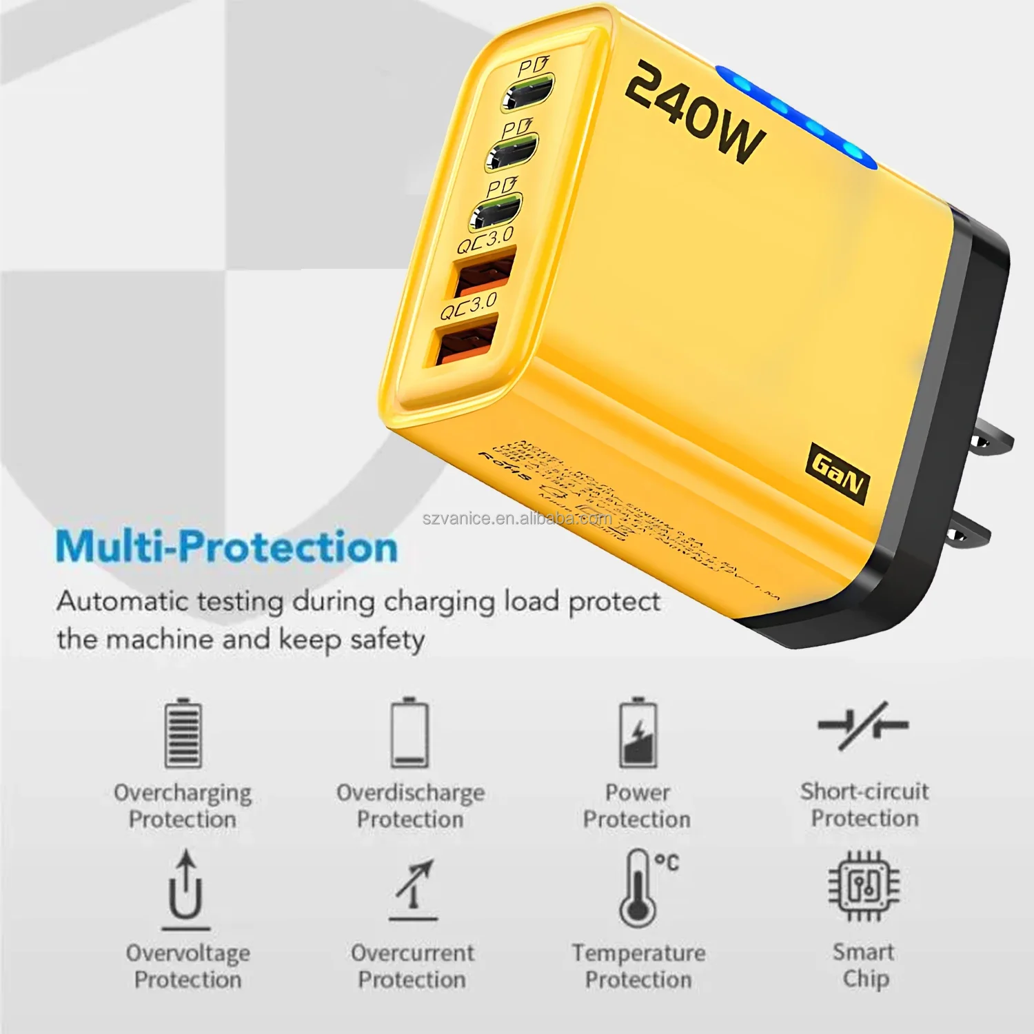 EU/US Plug 240W GaN Charger Adapter 5 Port PD USB Fast Charger 240W LED Light USB-C Power Adapter