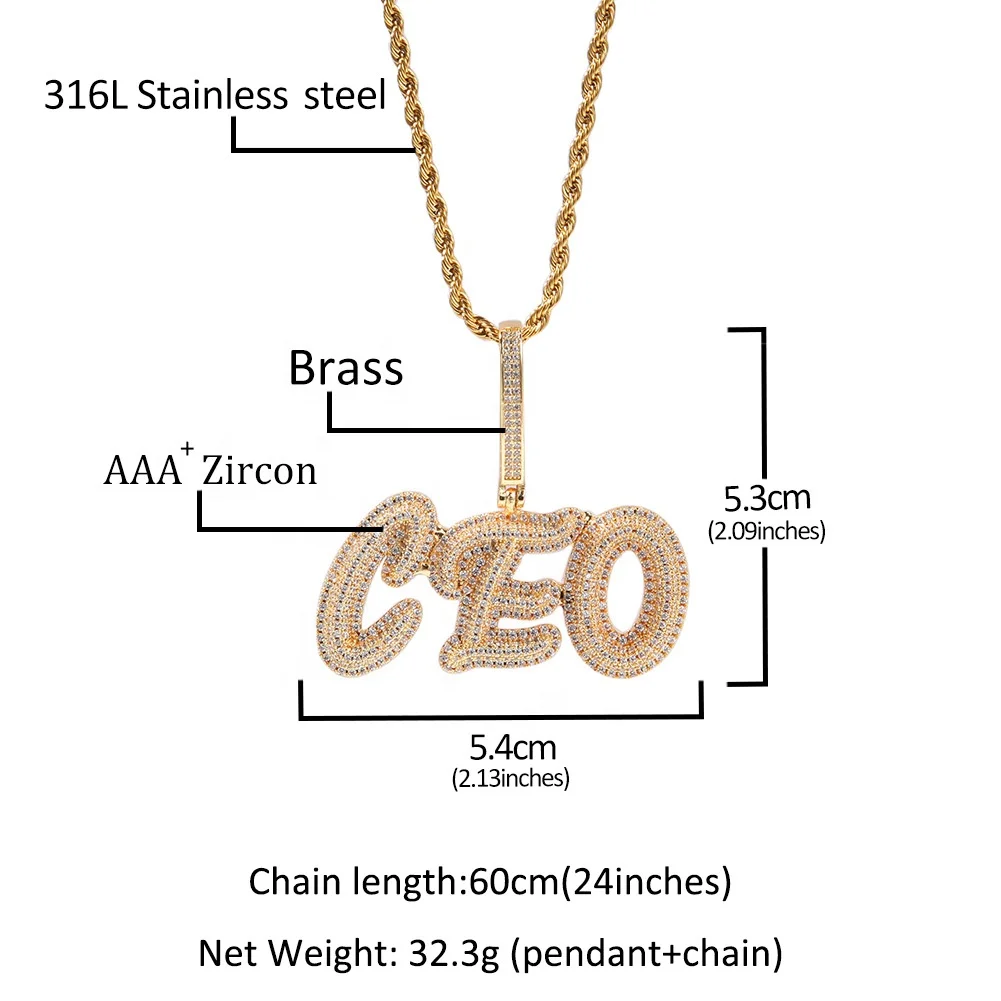 Square Tennis Chain Cursive Letter Iced Out Personalized Nameplate Bling Necklace Custom Diamond Name Pendant