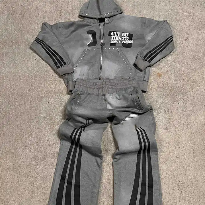 Salati Custom Screen Print Rhinestone Tracksuits Men Zipper Acid Wash Vintage Hoodie Track Sweatpants and Hoodie Set for Men gallery 3