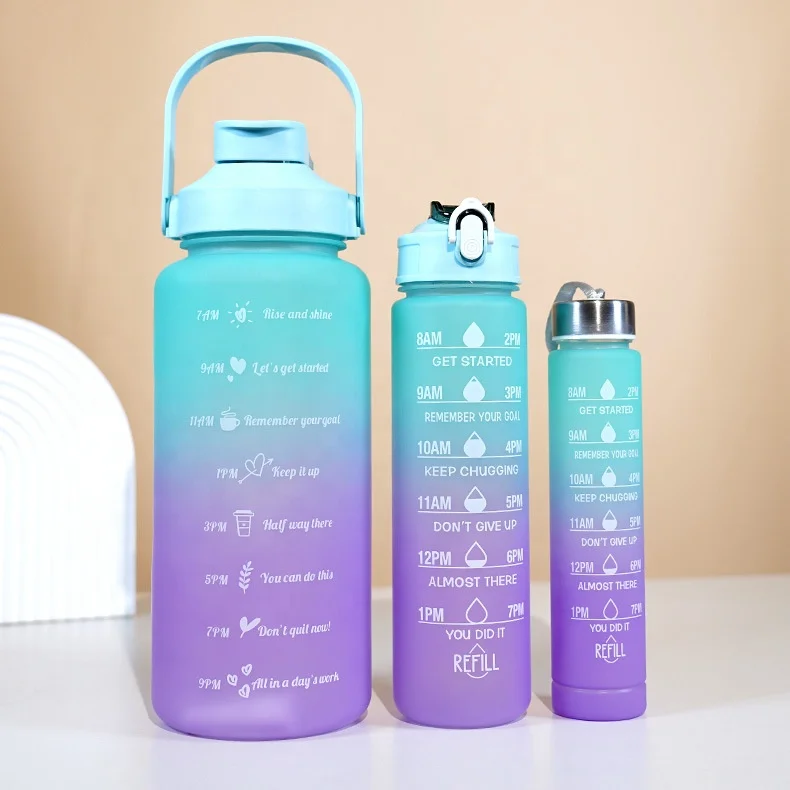 Large Capacity  2l Motivational Gradient Color 300ml 750ml 3 in 1 Set Gym Water Bottle With 2 in 1 Lid With Straw and Handgrip