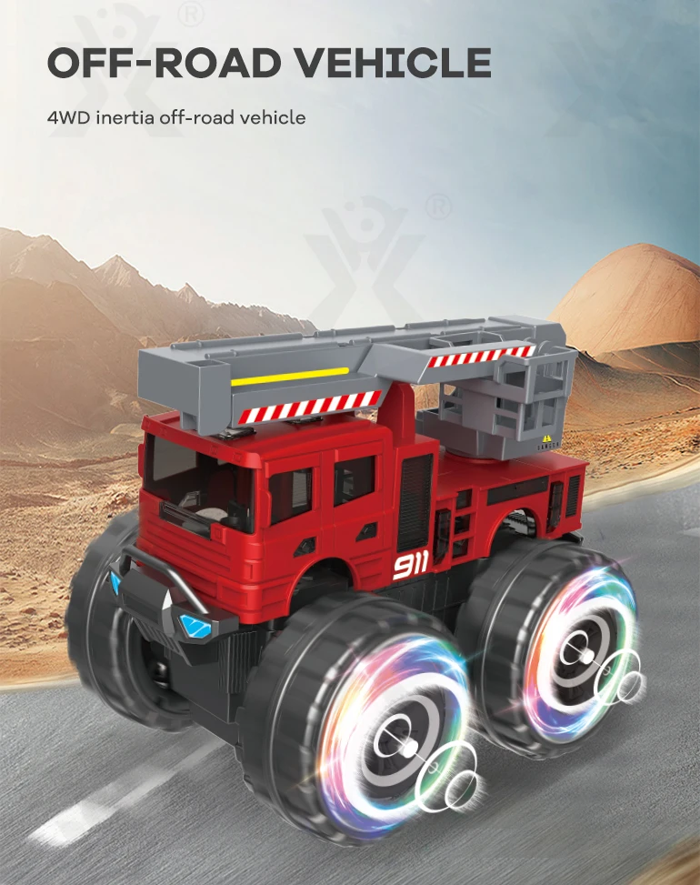 Chengji children friction power firetruck off road truck toys friction power car electric fire truck toy with light sound